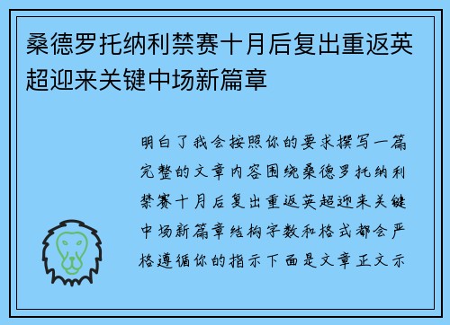 桑德罗托纳利禁赛十月后复出重返英超迎来关键中场新篇章