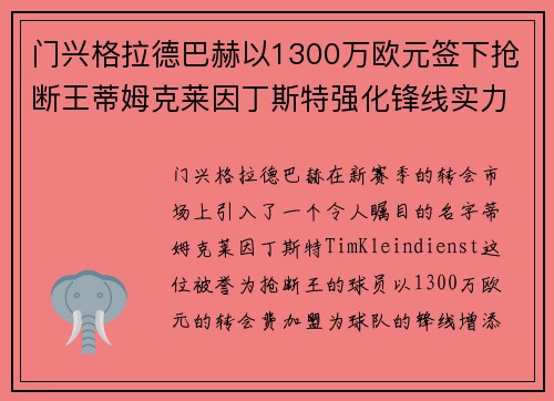 门兴格拉德巴赫以1300万欧元签下抢断王蒂姆克莱因丁斯特强化锋线实力 门兴格拉德巴赫以1300万欧元签下抢断王蒂姆克莱因丁斯特强化锋线实力