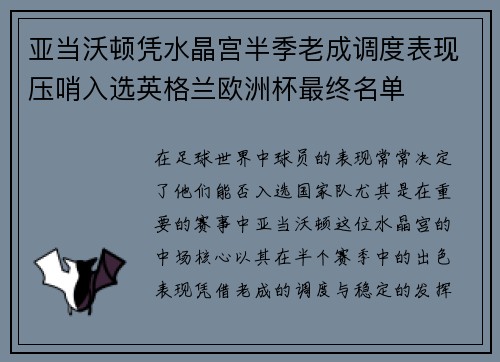 亚当沃顿凭水晶宫半季老成调度表现压哨入选英格兰欧洲杯最终名单